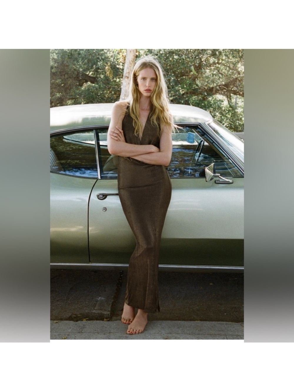 Zara brown metallic maxi dress with cowl neck